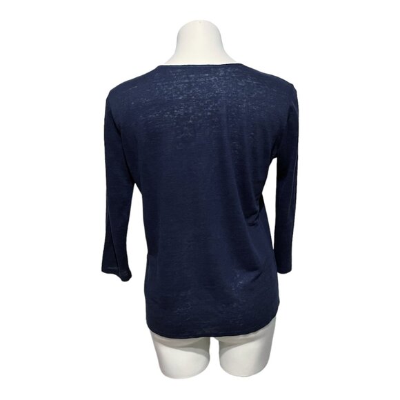 Sandro Paris Medium Large Long Sleeve V Neck Navy Linen Silk Blend Top - Picture 4 of 7